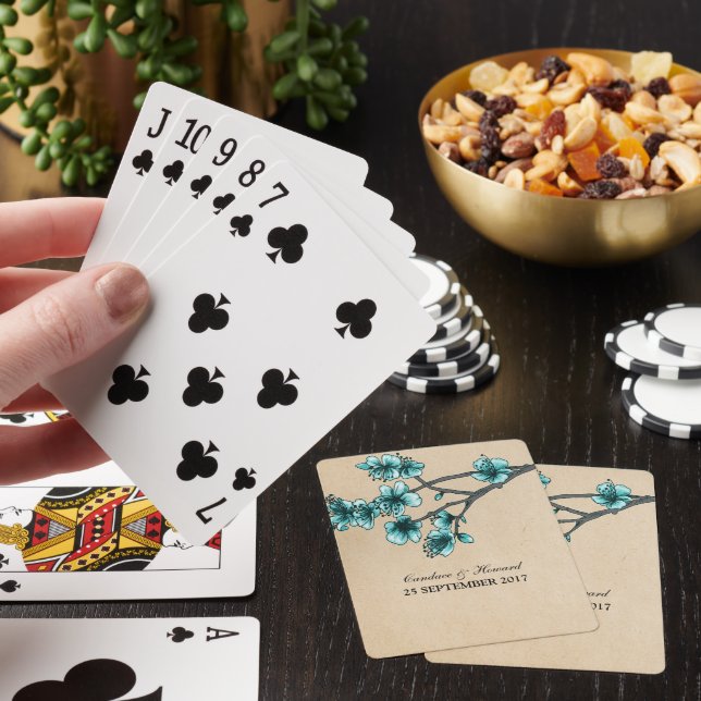 Aqua Vintage Cherry Blossoms Playing Cards (In Situ)