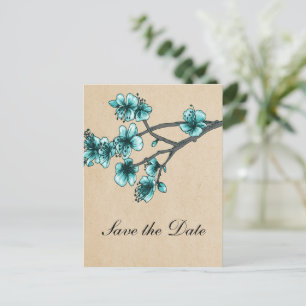Aqua Vintage Cherry Blossoms Save the Date Announcement Postcard