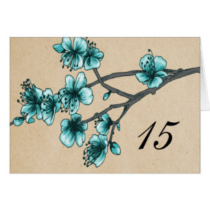Aqua Vintage Cherry Blossoms Table Number Card