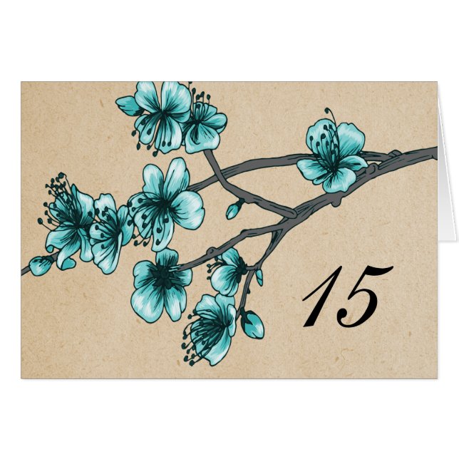 Aqua Vintage Cherry Blossoms Table Number Card (Front Horizontal)