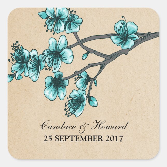 Aqua Vintage Cherry Blossoms Wedding Stickers (Front)