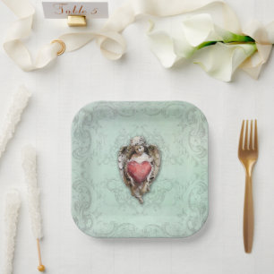 Aqua Vintage Cherub with Heart Paper Plate