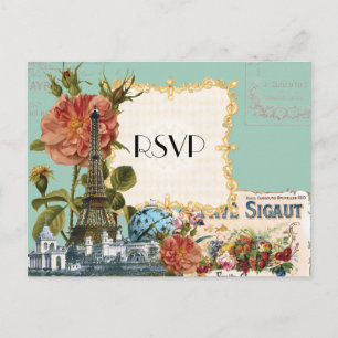 Aqua Vintage Eiffel Tower Rose Save the Date Card