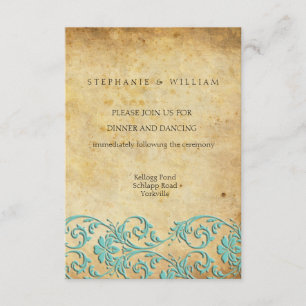 Aqua Vintage Swirl Damask Wedding Reception Card
