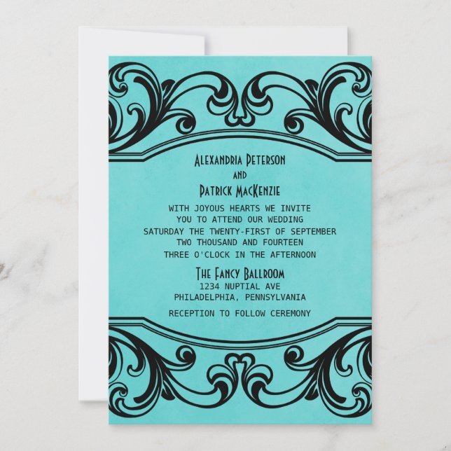 Aqua Vintage Swirls Wedding Invite (Front)