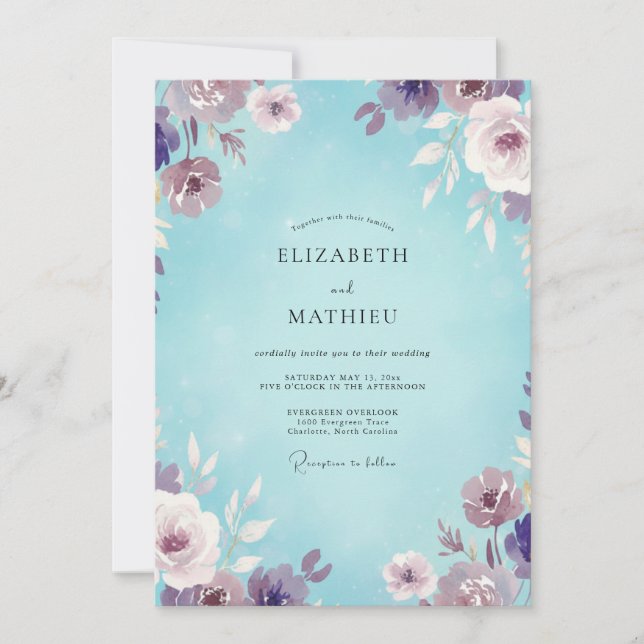 Aqua Violet Bloom Wedding Invitation (Front)
