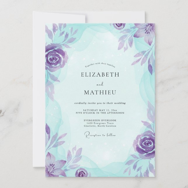 Aqua Violet Painted Wedding Invitation (Front)