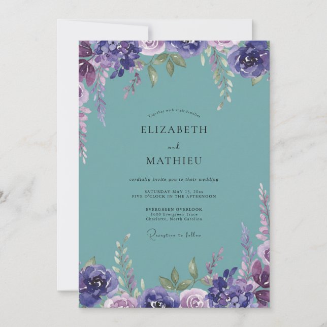 Aqua Violet Peony Wedding Invitation (Front)