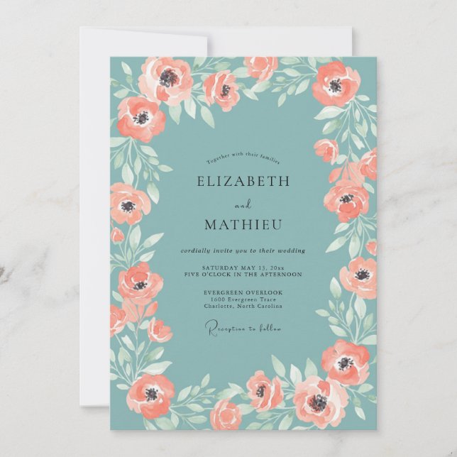 Aqua Warm Coral Blossom Wedding Invitation (Front)