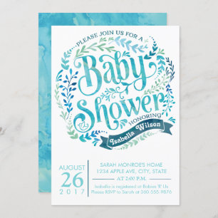 Aqua Watercolor Baby Shower Invitation