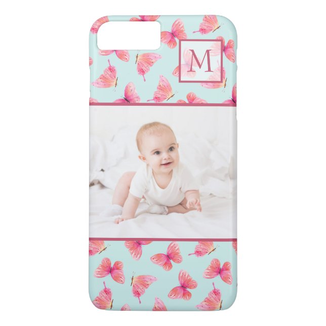 Aqua Watercolor Butterfly Monogram Photo Case-Mate iPhone Case (Back)