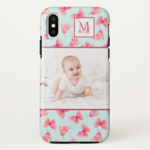 Aqua Watercolor Butterfly Monogram Photo iPhone X Case