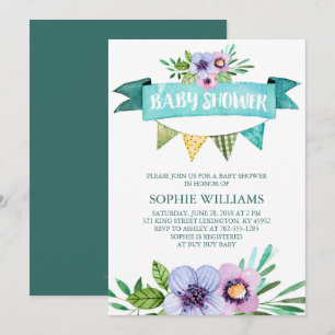 Aqua Watercolor Floral Baby Shower Invitation