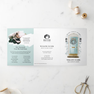Aqua Watercolor Front Door Real Estate Marketing Tri-Fold Card