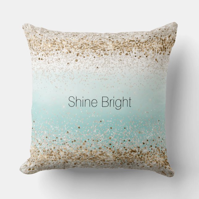 Aqua Watercolor Gold Confetti Glitter Cushion (Front)