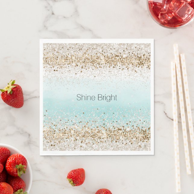 Aqua Watercolor Gold Confetti Glitter Napkin (Insitu)