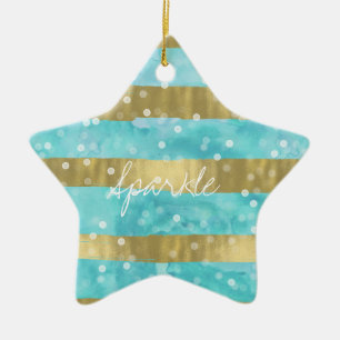 Aqua Watercolor Gold Stripes Bokeh Sparkle Ceramic Ornament