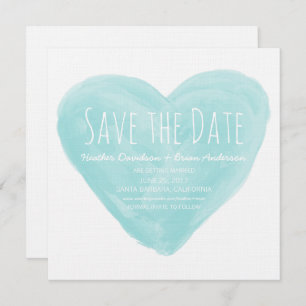 Aqua Watercolor Heart Save the Date Invite