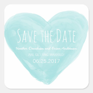Aqua Watercolor Heart Save the Date Stickers