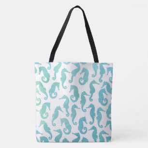 Aqua Watercolor Sea Horse Pattern Tote Bag