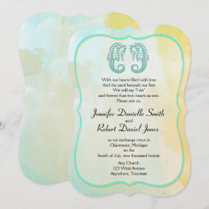 Aqua Watercolor Seahorse Beach Wedding Invitation
