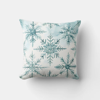 Aqua Watercolor Snowflake Pattern Throw Pillow