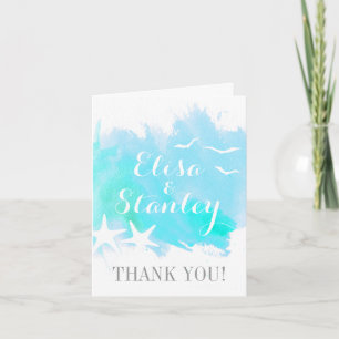 Aqua watercolor, starfish beach wedding Thank You