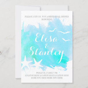 Aqua watercolor, starfish wedding rehearsal dinner invitation