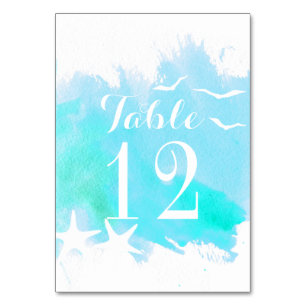 Aqua watercolor, starfish wedding table number