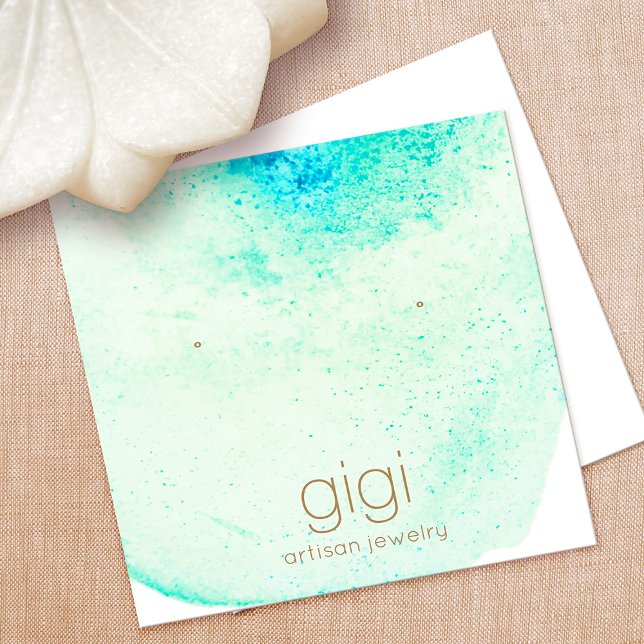Aqua Watercolor Studs Earring Display Holder Square Business Card (Creator Uploaded)