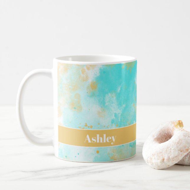 Aqua Watercolor Wash & Customisable Name Mug (With Donut)