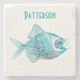 Aqua Whimsical Fish Personalised Stone Coaster