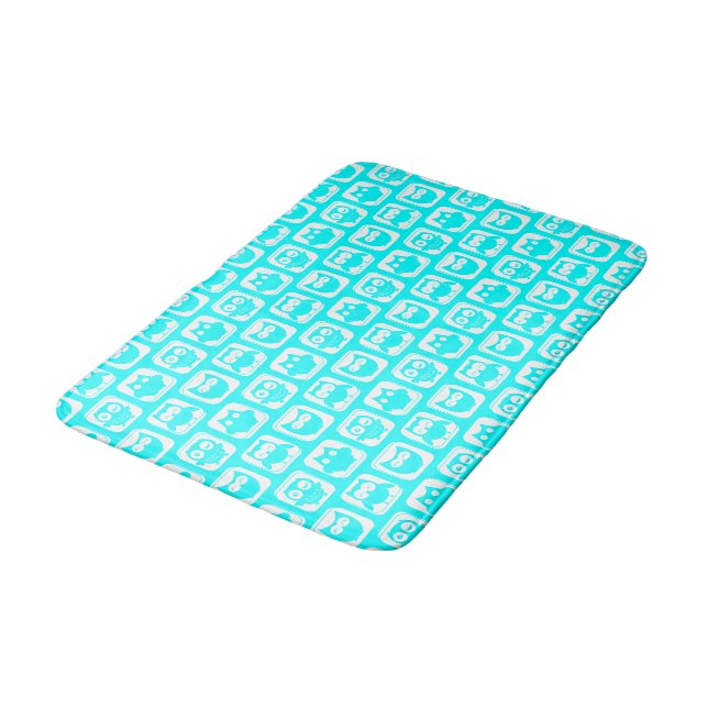 Aqua Whimsical Owl Pattern Bath Mat (Angled)