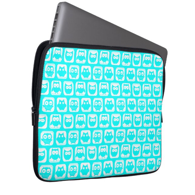 Aqua Whimsical Owl Pattern Laptop Sleeve (Front Right)