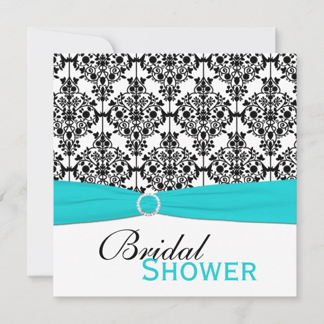 Aqua, White, and Black Damask Bridal Shower Invite (Front)