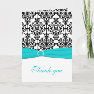 Aqua, White and Black Damask Thank You Card