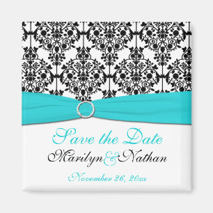 Aqua, White, and Black Damask Wedding Favour Magne Magnet