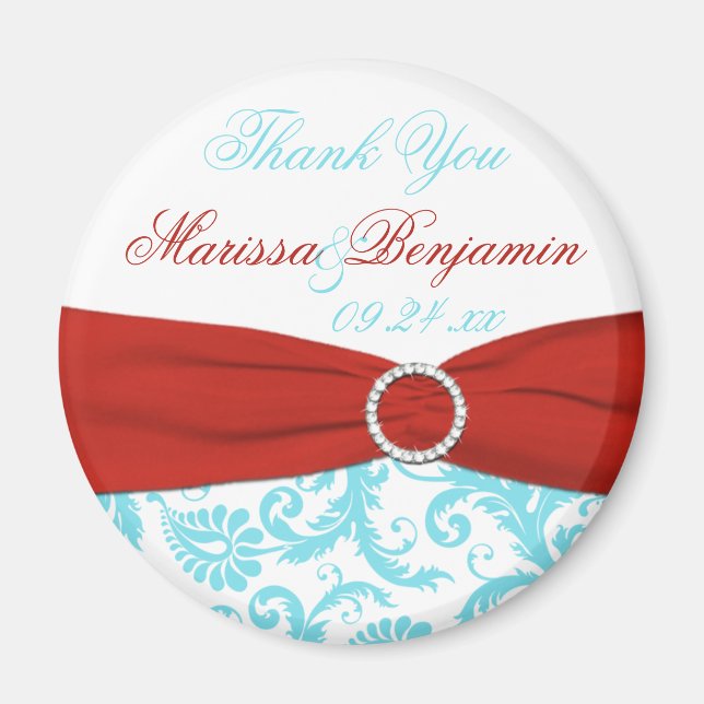 Aqua, White, and Red Wedding Favour Magnet (Front)