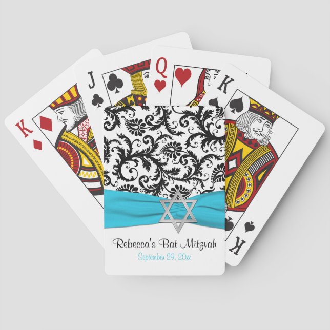 Aqua White Black Damask Bat Mitzvah Playing Cards (Back)