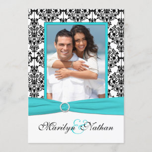 Aqua, White, Black Damask II Photo Wedding Invite