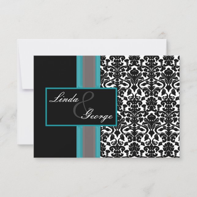 Aqua White Black Damask Wedding Invitations (Front)