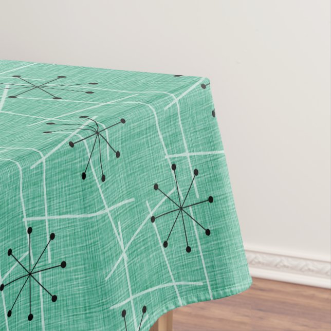 Aqua, White & Black Starbursts | Fifties Atomic Tablecloth (In Situ)