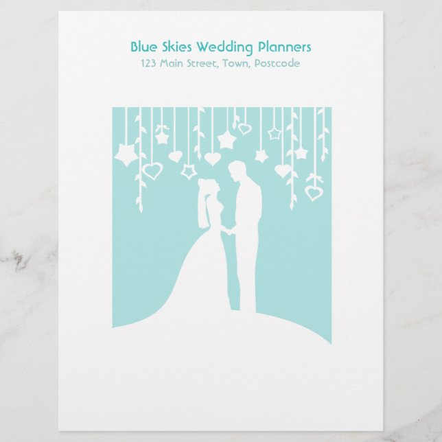 Aqua & White Bride and Groom Wedding Silhouettes Letterhead Design (Front)