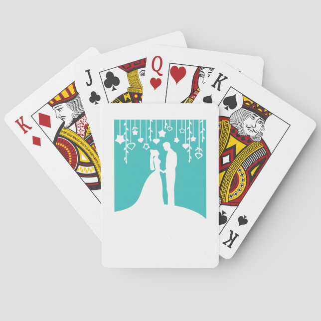 Aqua & White Bride and Groom Wedding Silhouettes Playing Cards (Back)