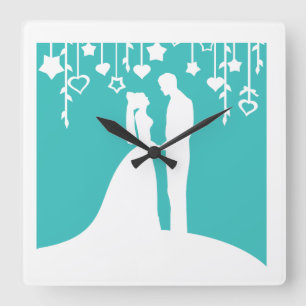 Aqua & White Bride and Groom Wedding Silhouettes Square Wall Clock