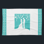 Aqua & White Bride and Groom Wedding Silhouettes Tea Towel<br><div class="desc">wedding planner, wedding planning, wedding, marriage, anniversary, bride, groom, turquoise, teal, silhouettes, matchmaker, planner, planning, organiser, organiser, weddings, married, getting married, anniversaries, marry, husband, wife, romantic, romance, modern, contemporary, stylish, silhouette, paper cut, paper cutout, paper cutting, papercut, white, blue, aqua, love, elegant, sophisticated, shadows, shadow</div>