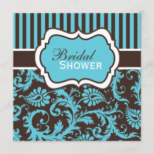 Aqua, White, Brown Damask Bridal Shower Invite