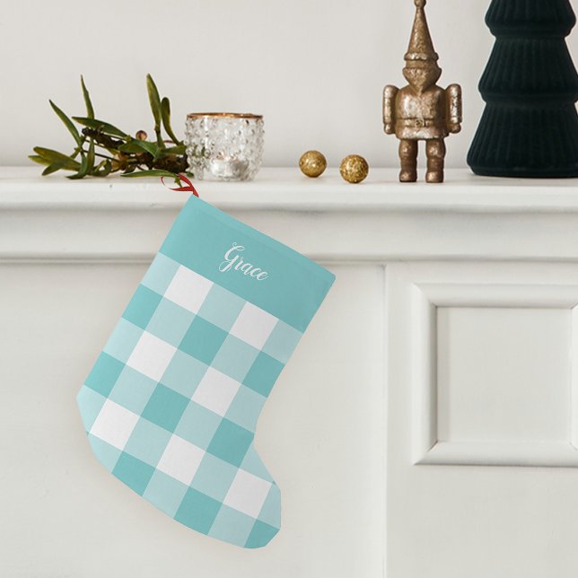 Aqua & White Buffalo Plaid Personalised Small Christmas Stocking (Creator Uploaded)