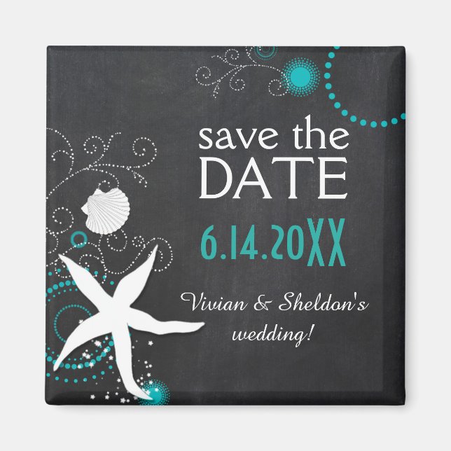 Aqua White Chalkboard Beach Wedding Save the Date Magnet (Front)
