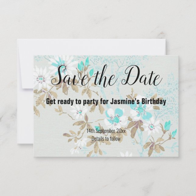 AQUA WHITE CHERRY BLOSSOM SAVE THE DATE RSVP CARD (Front)